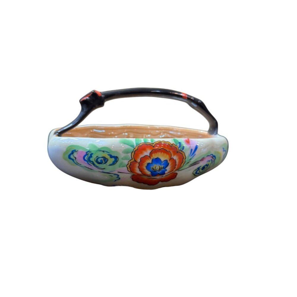 Vintage Orange Lusterwear Hand painted Japanese Ceramic Basket  Floral